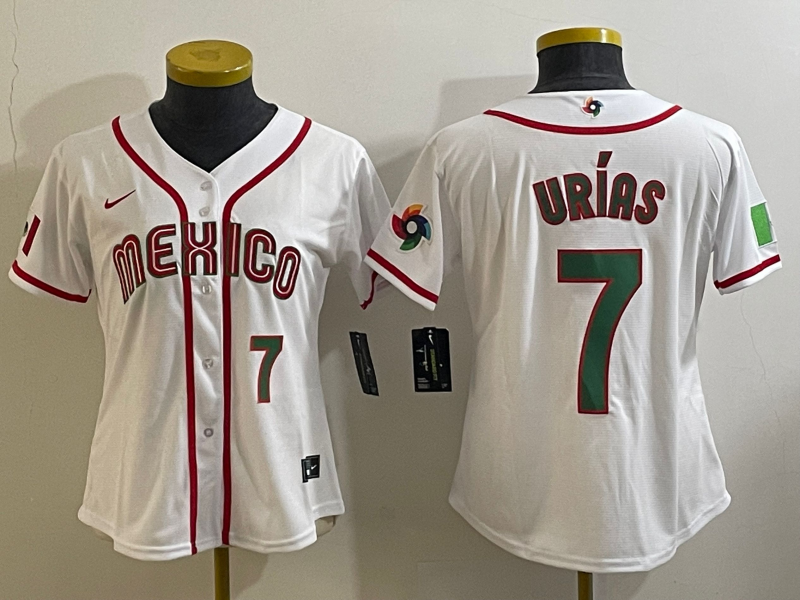 Women's White Mexico Baseball #7 Julio Urías 2023 World Baseball Classic With Patch Stitched Jersey(Run Small)
